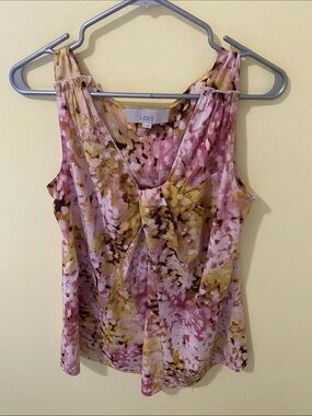 LOFT Pink Yellow Floral V-Neck Sleeveless Top